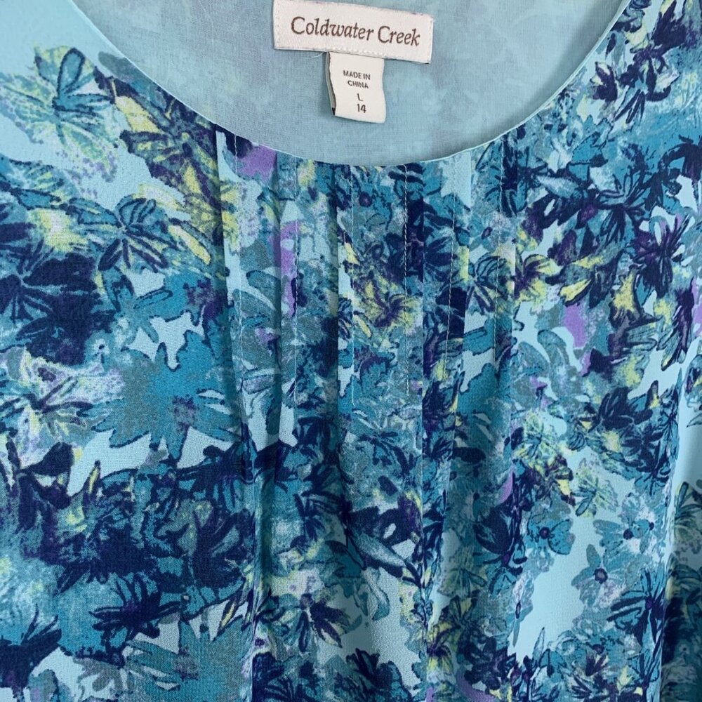 Coldwater Creek Womens L 14 Sleeveless Blouse Floral Blue Work Office Career - Picture 4 of 12
